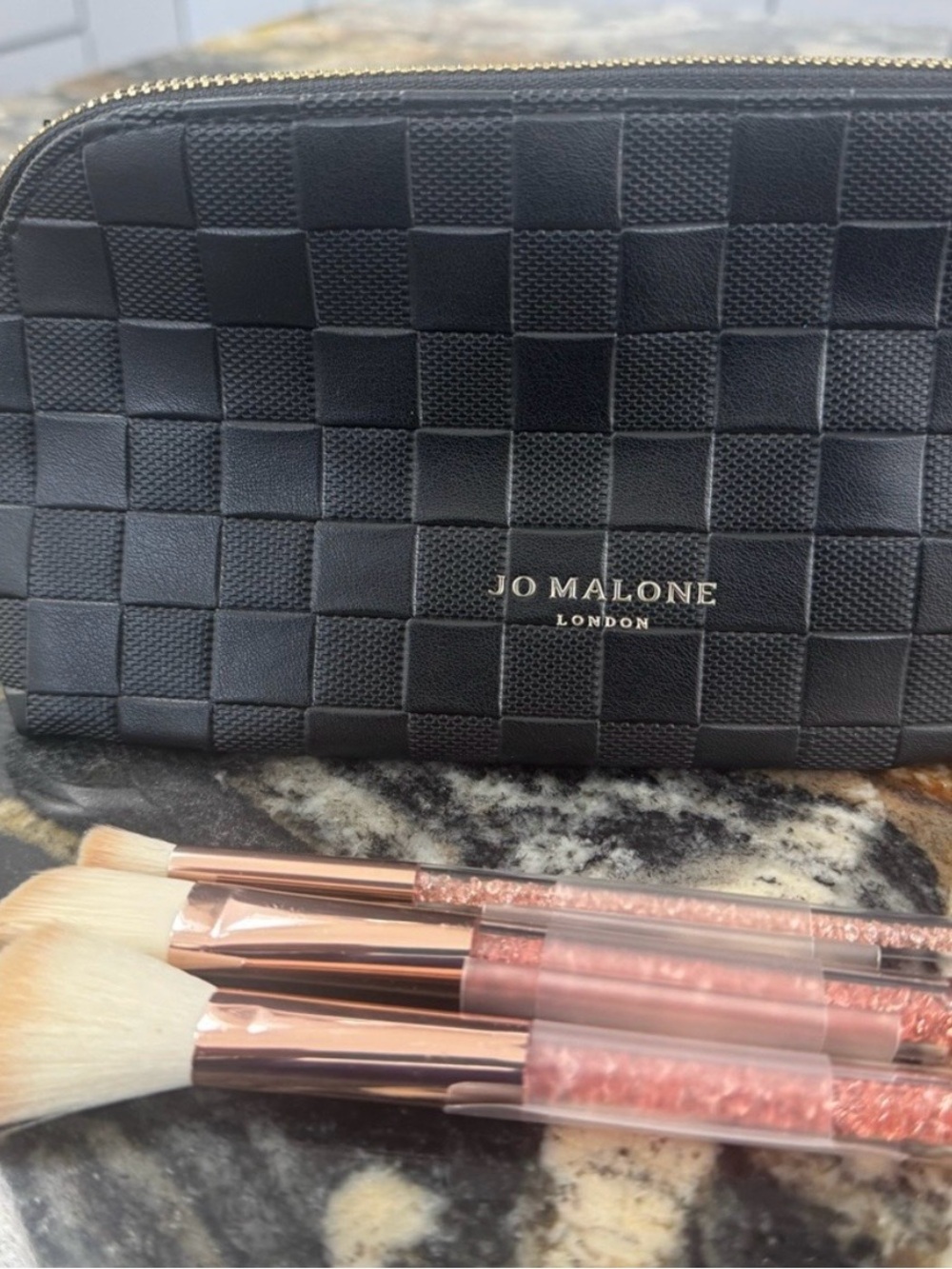 Jo Malone Black Textured Checker Makeup Pouch with Gold Logo